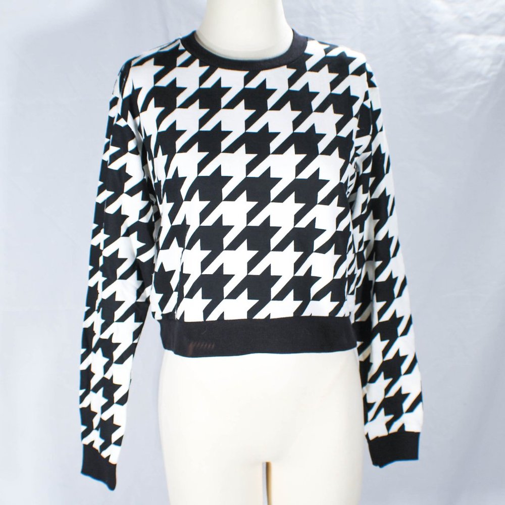NWT Houndstooth Black White Crop Top Long Sleeve Goth Glam Size Med